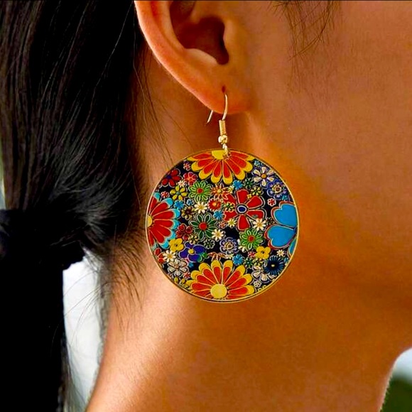 Boho Ethnic Style Retro Round Dangle Ear Hook Hoop Women Colorful Earring - Picture 1 of 5